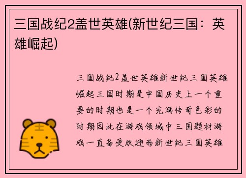 三国战纪2盖世英雄(新世纪三国：英雄崛起)
